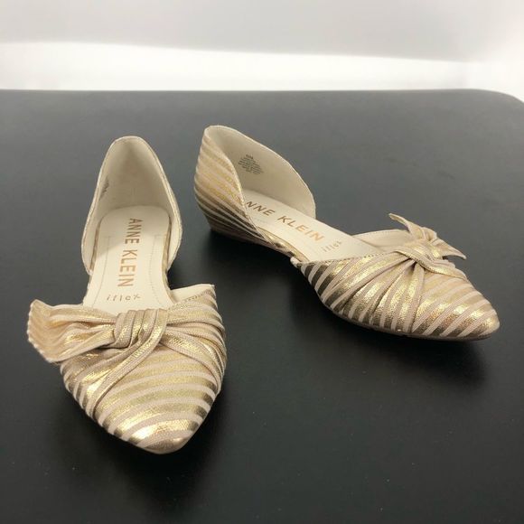 Anne Klein Bette Gold Cream Stripe Twist Bow Flats size 6.5 - Picture 2 of 10